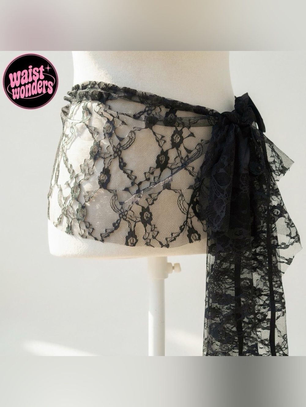 Y2K 2000s style Black lace wrap skirt belt with bow detail